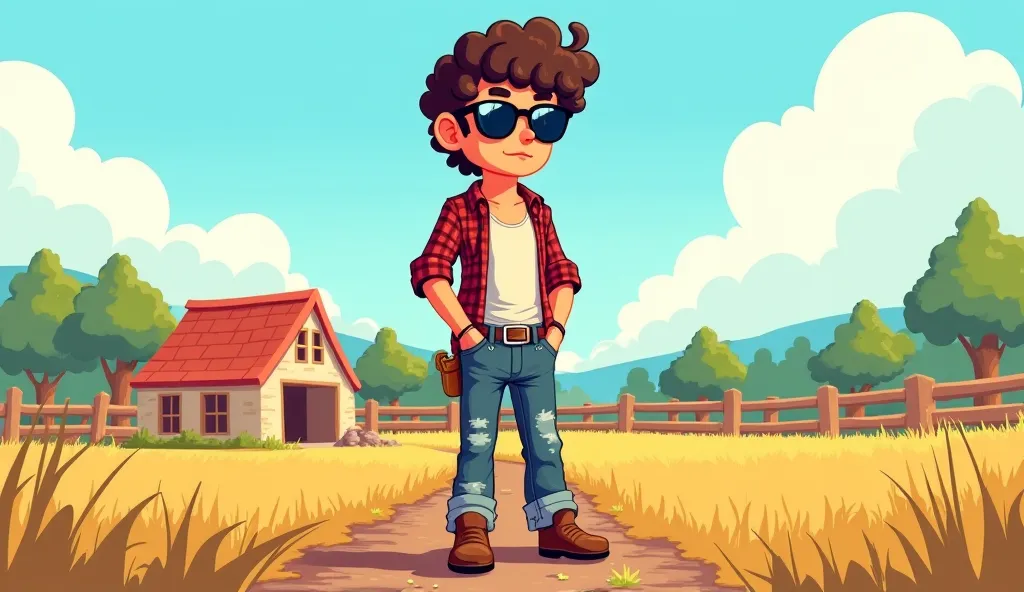 Here's a detailed prompt for you to wear on Leonardo.AI:  

**"A bricklayer in the field, with extremely curly hair up to the shoulder, wearing an open plaid shirt with a tank top underneath, style, shabby jeans and work boots. He wears stylish sunglasses ...