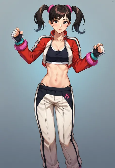 tekken 4,ling xiaoyu /(2p outfit/),1girl,black hair,twintails,jacket,gloves,fingerless gloves,solo,navel,sports bra,breasts,black eyes,pants,midriff,red jacket,looking at viewer,medium breasts,black sports bra