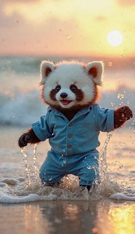 Gasping, in his blue beach clothes baby panda Pipin stepped back-then laughed, splashing back playfully. As the sun set, Pipin snuggled into the sand, the sound of the waves lulling him into a cozy nap.