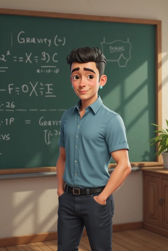 34-year-old dark haired male physics teacher, white skin,two light blue earrings on her right ear, 1,79 tall, sturdy and marked physique,with a short sleeve light blue shirt and black jeans. created in animation in front of a blackboard in a school classro...