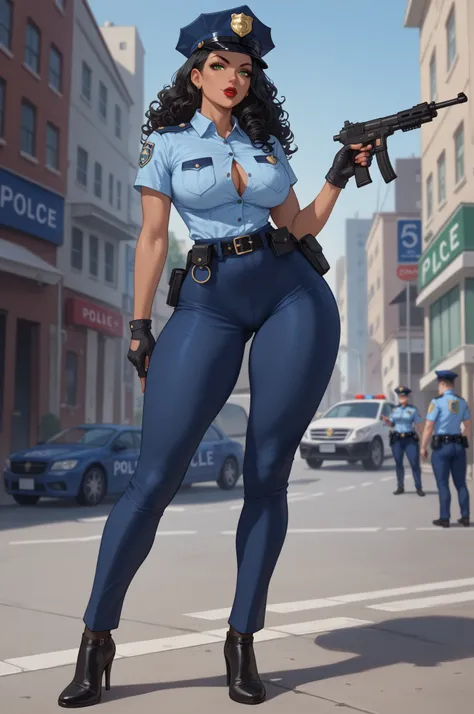 (date:20250222, By:Joulios)  Girl police aiming her gun, with police uniform, slutty face, very curly black hair, very dark skin, green eyes,  thick red lips, very curvy athletic build, senos medianos,  very thin waist ,  marked abdomen, very wide hips, hi...