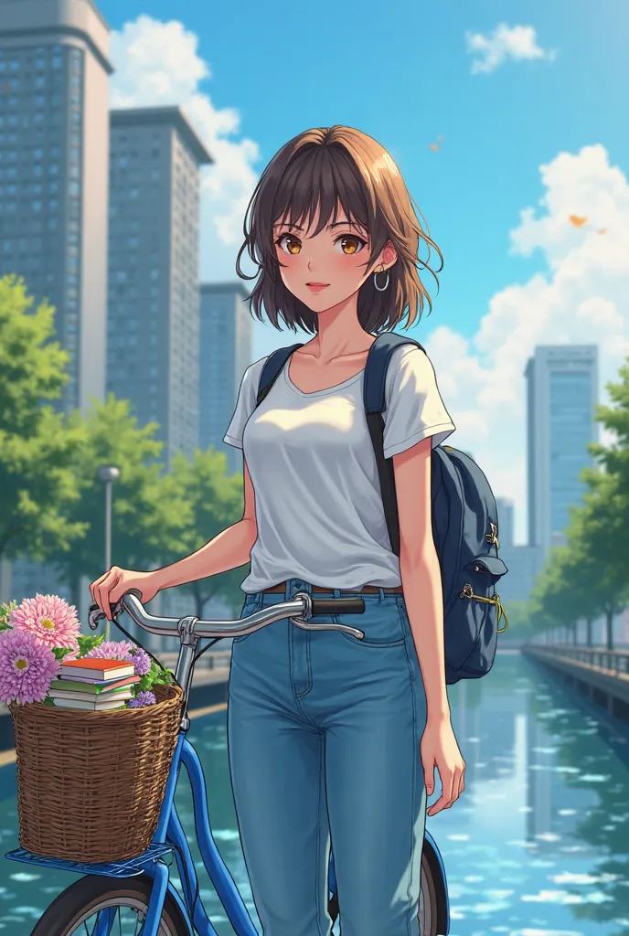 A beautiful woman wears a white T-shirt and cigar blue jeans,Standing on a bridge with a blue bike, carrying a backpack, bicycle basket full of books and flowers, river background and office building,  afternoon atmosphere , a lot of lights start to come o...