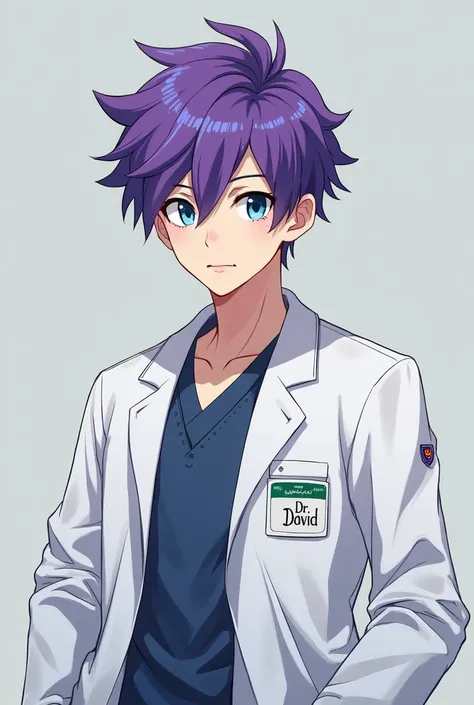 20-year-old anime man, with fair skin blue eyes and purple hair, Doctor's dress with a badge written 'dr'. David'