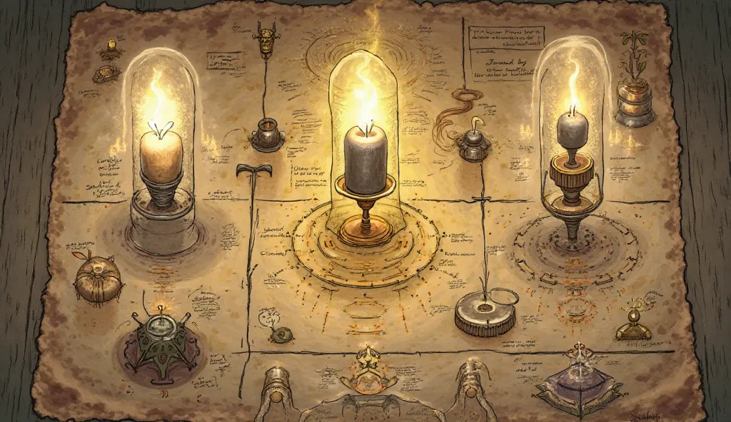  A detailed illustration depicting various theories about an ancient battery. The image showcases three possible uses: an old illumination device emitting a soft glow, an electroplating process where a metal object is being coated with gold, and a mystical...