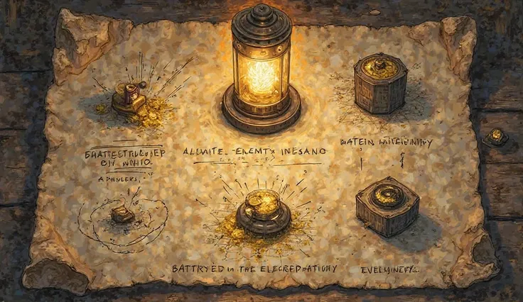  A detailed illustration depicting various theories about an ancient battery. The image showcases three possible uses: an old illumination device emitting a soft glow, an electroplating process where a metal object is being coated with gold, and a mystical...