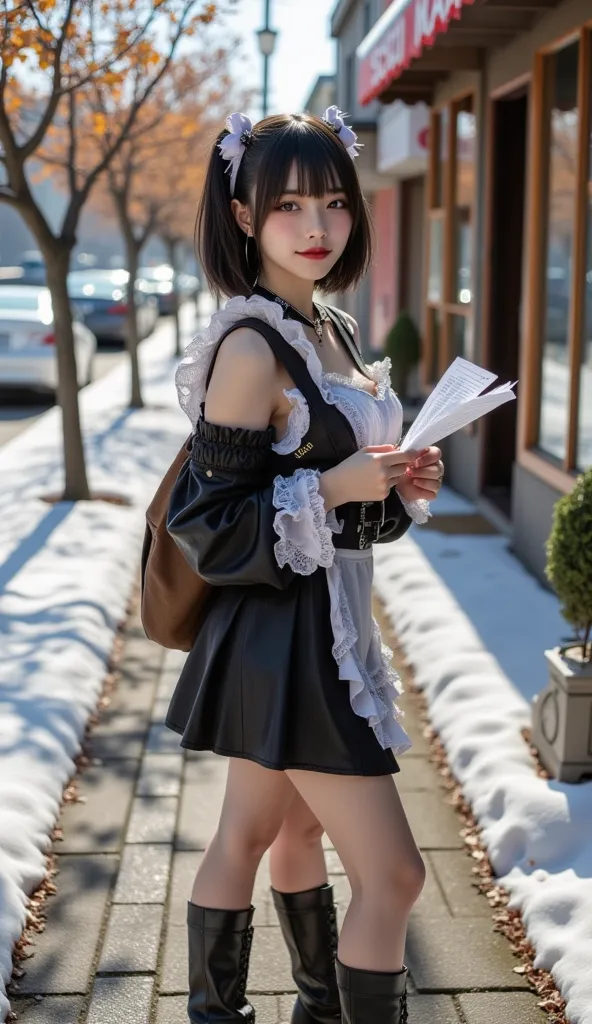  super real, Photorealistic, Dramatic Scene, shadow, Global Illumination, Alone, ( Famous Japanese Young Idol Woman ),  A very beautiful and fragile Japanese girl , black haired short bob、 very cute face preparing paperwork ,full body,  slim waist , ( mini...