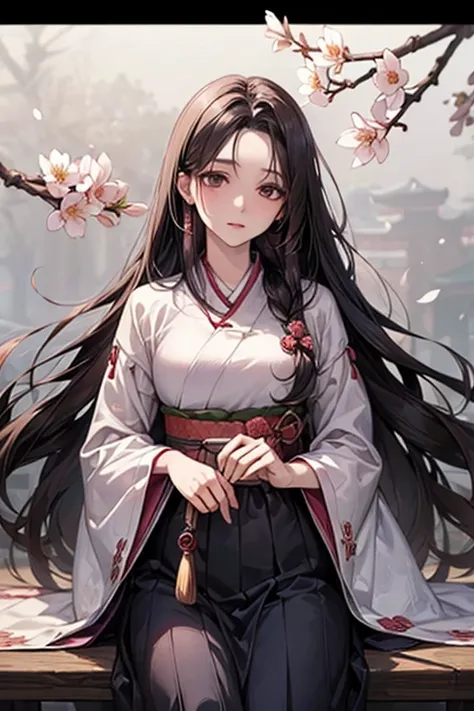 (((gfsowon))), black long hair, black eyes, (((Korean traditional clothing)),)hanbok, surpassing,  best aesthetic , new, recent, best quality,  masterpiece, Free Sex),  masterpiece,  1girl , Solo, sky, flower, 벚flower, Plum Blossom , lily,