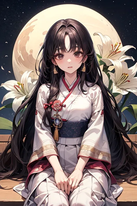 (((gfsowon))), black long hair, black eyes, (((Korean traditional clothing)),)hanbok, surpassing,  best aesthetic , new, recent, best quality,  masterpiece, Free Sex),  masterpiece,  1girl , Solo, sky, flower, 벚flower, Plum Blossom , lily,
