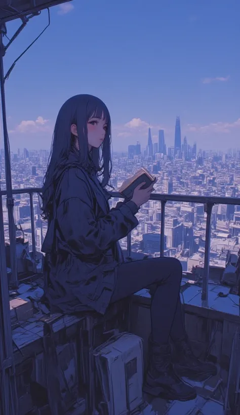 Anime girl reading a book on a balcony with city views,  Lofi Girl , Anime aesthetics,  Lofi Girl  aesthetic,  Tokyo Anime Scene ,  anime atmosphere , Girl Sitting on the Rooftop , Lofi Artstyle, Lofi Art, lofi feel, Anime aesthetics, An atmosphere of prai...