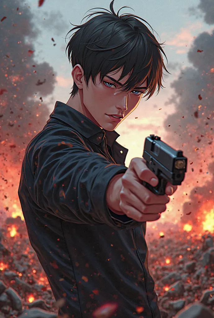  male，1 person，Short Hair，handsome， anime style，battlefield，gun，Random Shooting，Erotic