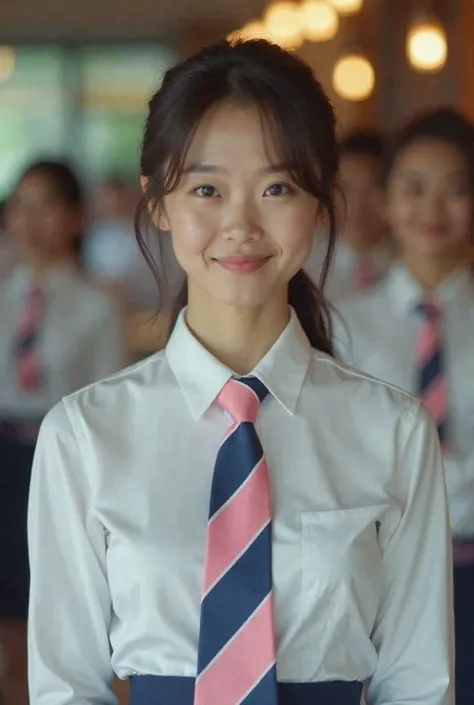 A scene from a 2020s comedy movie featuring a professional-looking young female waitress in her early 20s wearing a longsleeved white shirt and a neatly tied pink and blue tie. In the background are a group of other young women also dressed in shirts and t...