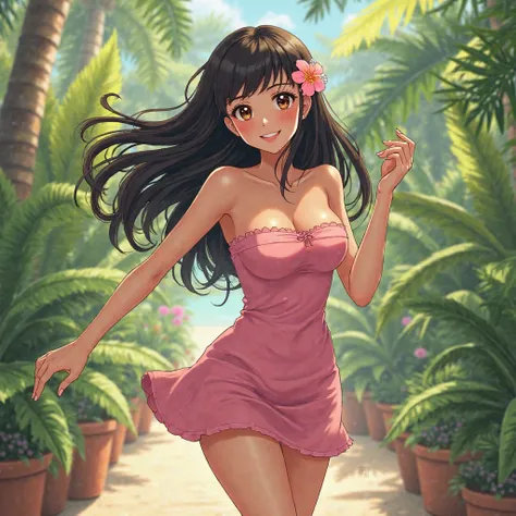 cute anime, woman, brown eyes, tan golden brown skin, long black hair, flower in hair, form-fitting strapless pink dress, towel-like dress, toned arms, big eyes, bangs, tropical home, backyard, flip-flops, dancing happily 