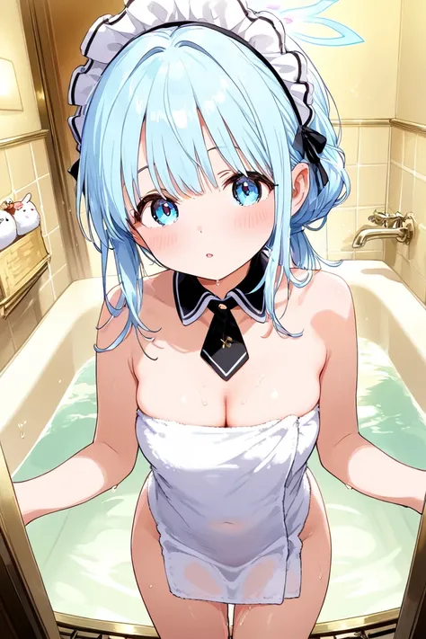  girl、Maid、bath towels、light blue hair、 light blue eyes、Luxury House、bathroom、Sex with my husband