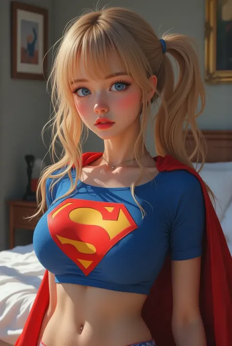 A BEDROOM SEX SCENE WHERE A SEXY BLUE-EYED 3D ANIME GIRL IS WEARING A SUPERGIRL COSTUME AND CAPE AND IS CAUGHT MASTURBATING WHILE WEARING A SUPERGIRL COSTUME AND COVER FROM 1980, wide "S"  EMBLEM ON HER COSTUME . wanting sex, begging. ANIME BODY AND SKIN 