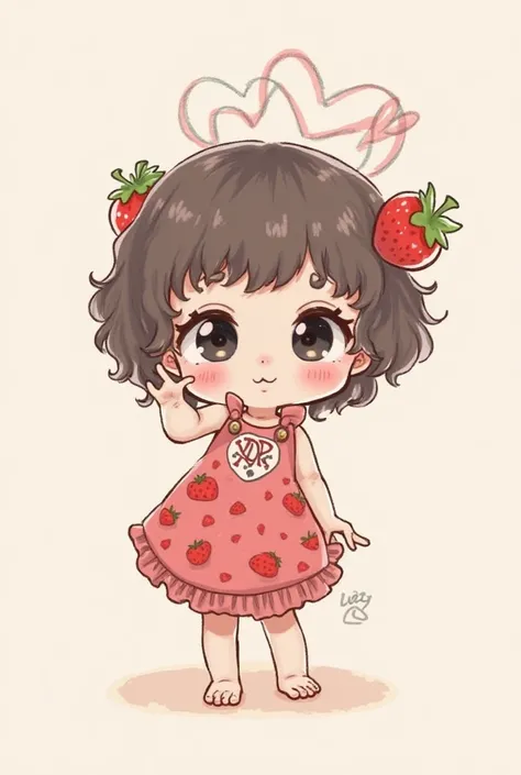 White doll drawing with short black curly hair with black eyes, Doing number 2 with your hand on your feet and giving out kisses dressed as a strawberry 