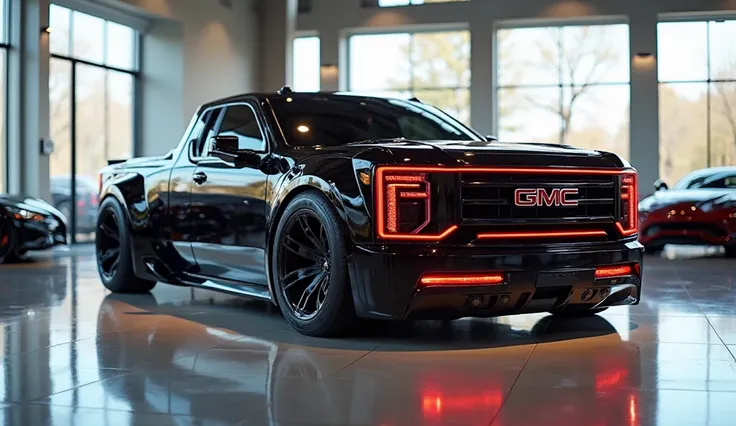 

"A realistic, high-quality image of a modern Pickup seen from the front right side , resembling a 1969 GMC Sierra vintage Pickup. The Pickup is glossy black with a sleek, aerodynamic design. It features four large, round exhaust pipes and a wide, continu...