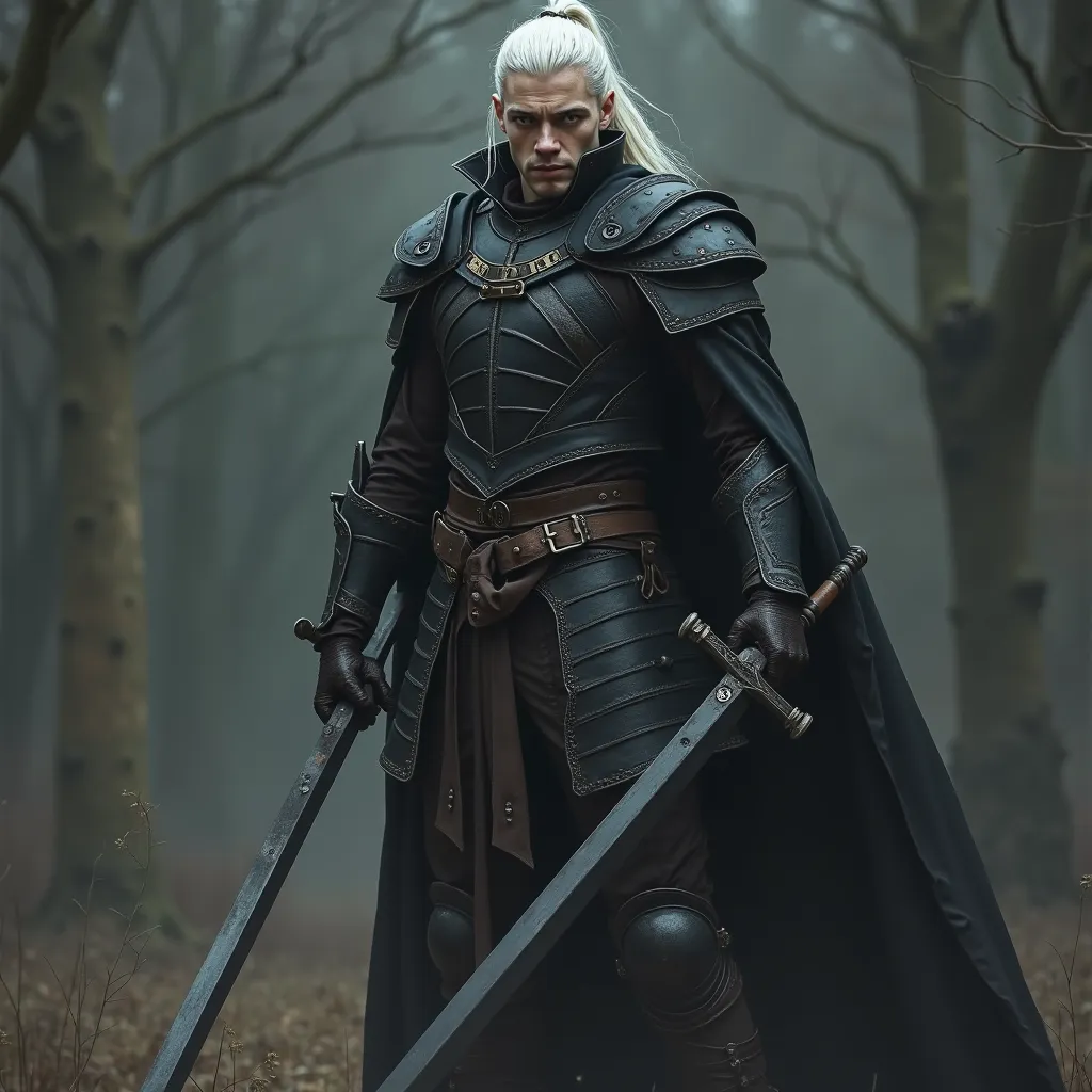 A tall and pale strange man aged 27 with bright gold eyes and long white hair tied in a ponytail at the back of his head wears worn black leather armor without signs and a black cloak and has two long black blades in two hands