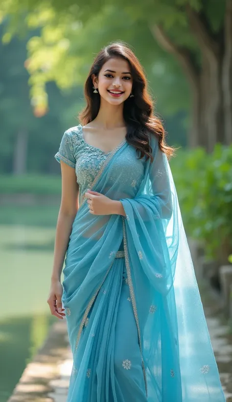 A captivating outdoor photoshoot featuring a woman model walking gracefully in a stunning sky blue saree. She is walking through a lush, vibrant garden or by a peaceful lakeside, with the soft sunlight highlighting the shimmering details of her saree. Her ...