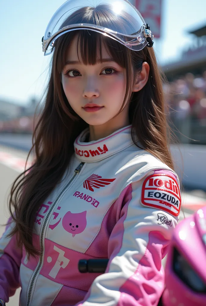  super real, Photorealistic, Dramatic scene from a motorcycle racing competition , shadow, Global Illumination, Alone,  A very beautiful Japanese long-haired woman ,  She's a high school student but a professional motorcycle racer , She's a pink Honda raci...