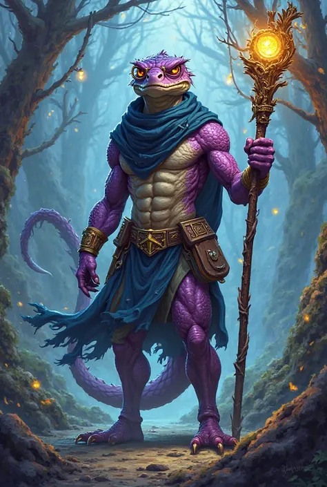 A young strong purple lizardman with dark blue scarf and staff wearing glasses, 2d artstyle 