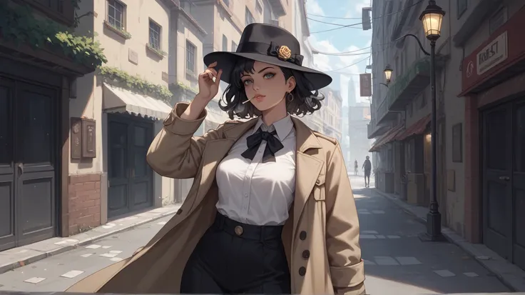 A striking anime noir woman in a dimly lit alley, wearing a trench coat and fedora. A single streetlight casts shadows across her face. The static image holds, but wisps of cigarette smoke curl and shift in the air.
