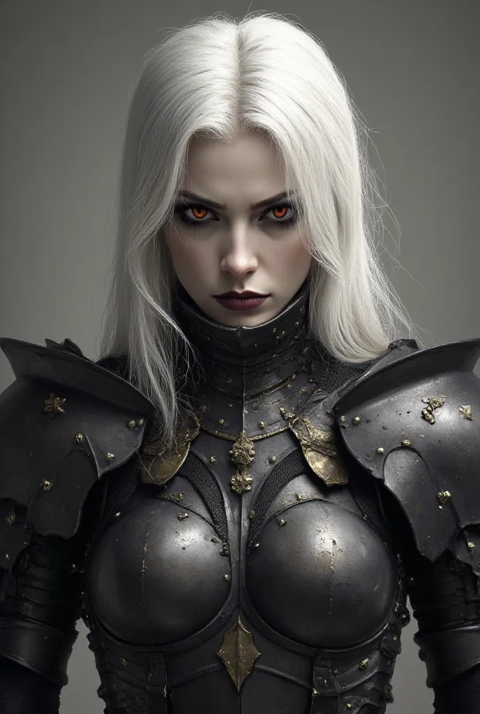 Strong woman, angry seriuos face, long white hair, wearing black heavy armor, closed armor, red eyes, detailed face, Low collar,