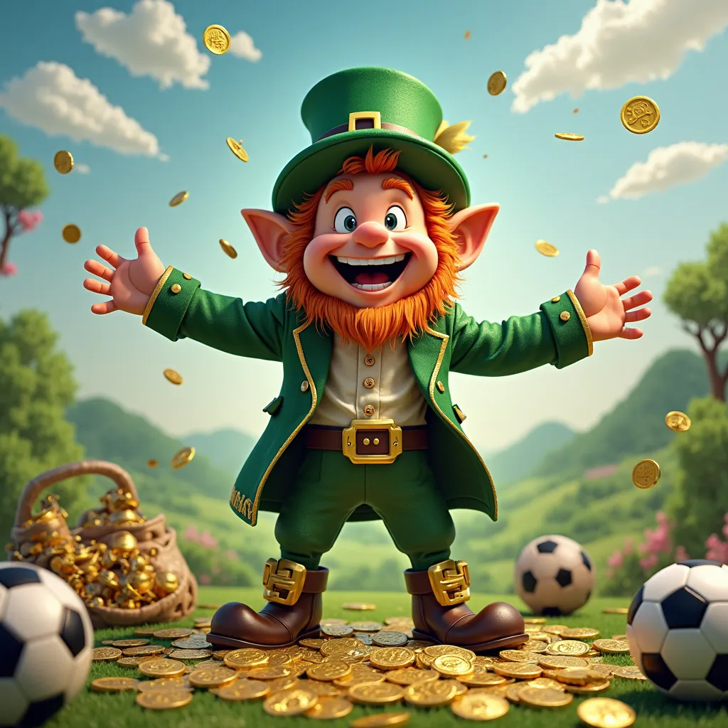 Leprechaun full of money and sports betting and soccer balls 