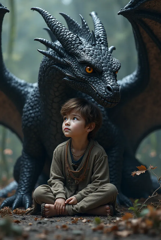 draw a boy sitting, behind his back as a black dragon