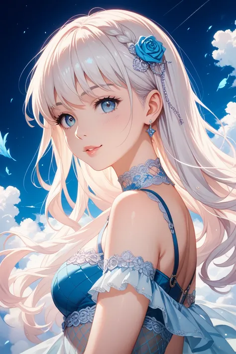 Girl with white hair accented with blue mesh in anime style