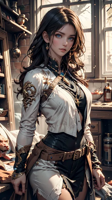  HYPER REALISTIC ONE GIRL IN OLD WEST CLOTHING, fantasy art depicting a dragon, Photorealistic, dynamic lighting, Art Station, very detailed face, 4K, Award-winning,