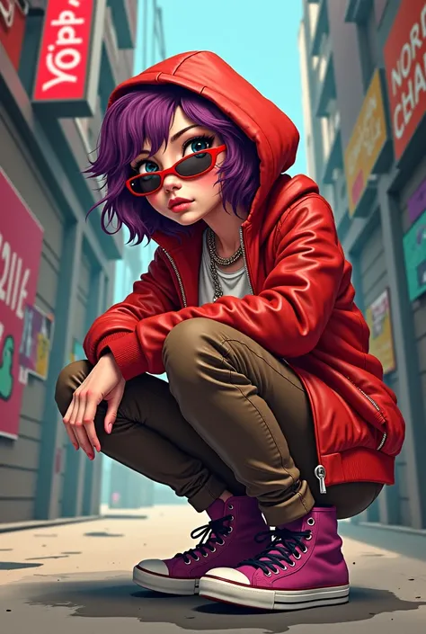 age girl,  with red purple wavy short hair, wearing a vibrant  red gold leather hooded jacket and brown pants.  She's flip back to the ground, wearing  high-top sneakers in a dusty pink, purple and  dynamic dark grey color scheme.  Her expression is though...