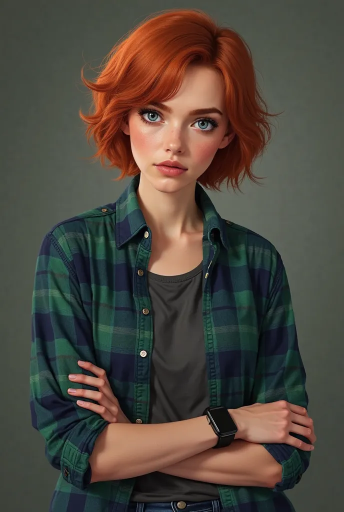 Create a female character, Lily Watson-Grint, the 18-year-old daughter of Rupert Grint and Emma Watson. Lily has short red hair, fair skin, piercing blue eyes, and a gaze that conveys an almost defiant seriousness. She wears a navy blue and green plaid shi...