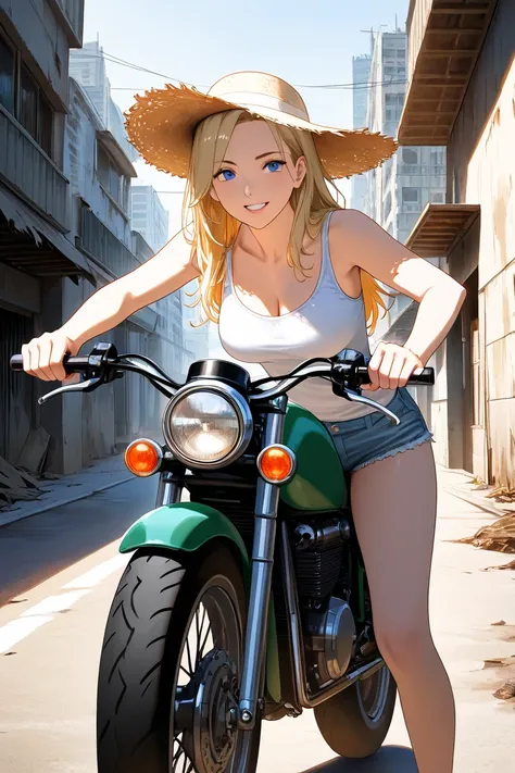 A woman with long blond hair, white tank top, denim hot pants, and a straw hat riding a motorbike in an abandoned city