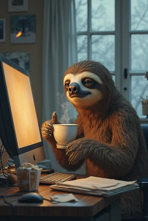 A sloth with sleepy eyes and a tired expression,  holding a cup of coffee . The setting is an office, with a messy table and a computer turned on. The background must suggest a difficult morning, perhaps with cold light coming through the window.