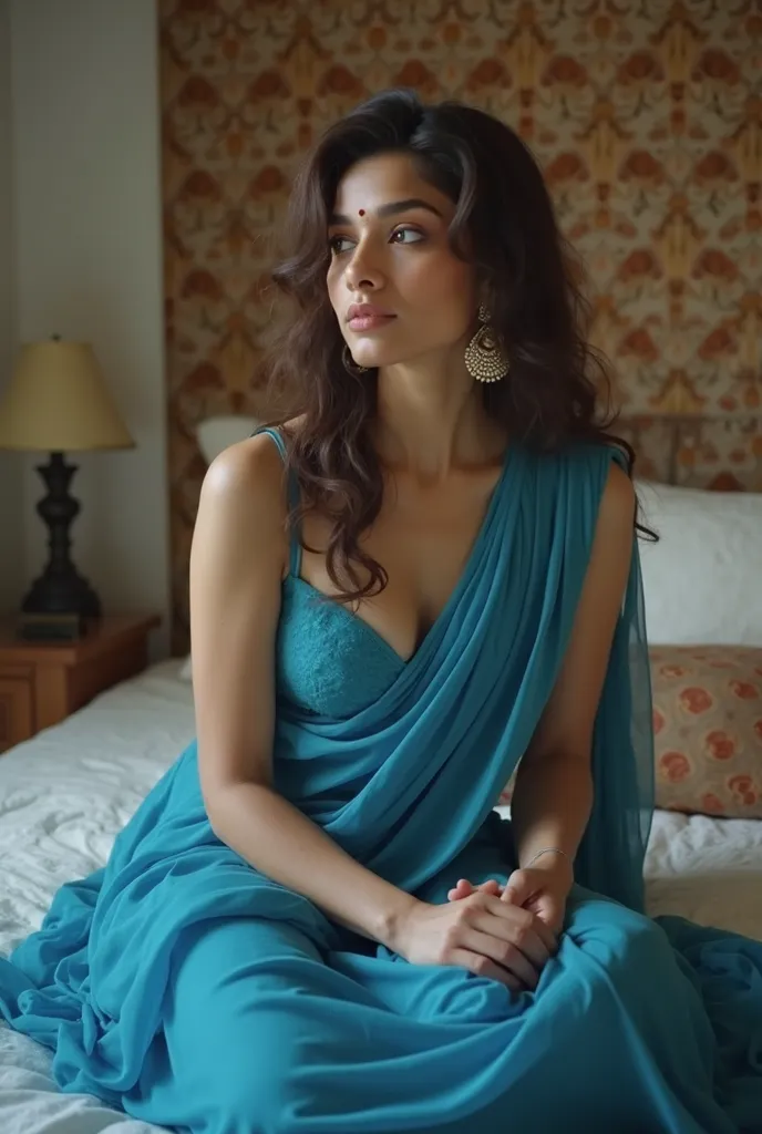 A   girl in a blue dress sitting on a bed sexy movie photo,Indian goddess, small red bindi on forehead, very seductive pose movie still 8 k, elegant seducing pose, busty, indian hd movie photo, still from a movie, various seducing pose, very attractive and...