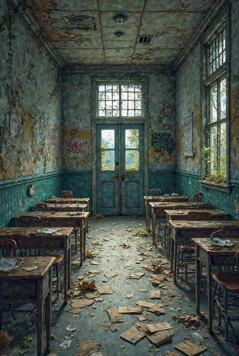 "Create a highly detailed and realistic illustration of an abandoned school. The building is old and dilapidated, with cracked windows, broken doors, and rusting metal gates. The walls are covered in peeling paint and creeping vines, and there are signs of...