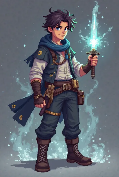 Pixel art character, a magical adventurer for a 2D platformer game. A young rogue mage with messy hair and a confident smirk. He wears a slightly open shirt with a dark vest and a utility belt filled with scrolls and potions. His pants are practical, with ...