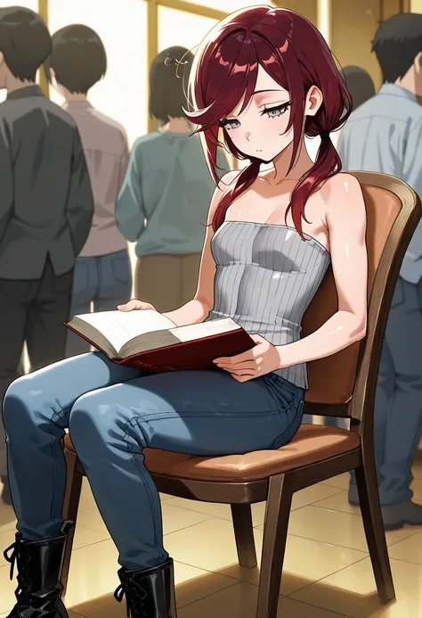 masterpiece, best quality, amazing quality, gray eyes, eyelashes, sleepy expression, dark red hair in low twin tails, swept bangs, stoic, ribbed strapless sleeveless shirt, strapless, loose gray shirt, jeans, black boots, reading book, looking down at book...