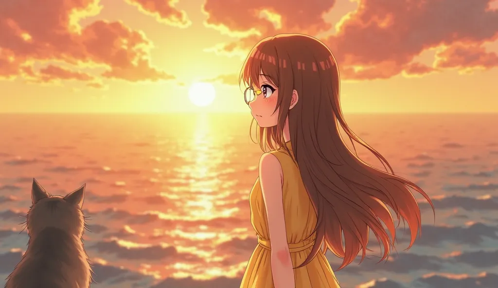  Anime style.  warm lighting . girl in round glasses with a gold frame with long brown hair with a parting in the middle.  brown eyes. full-length girl standing and looking at the sea.  Warm sunset . a big gray cat is sitting next to you. girl in a yellow ...