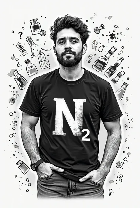 Create a shirt sketch with:

 Shirt Model  (forehead e Costas):

forehead:
	• Black shirt.
	• fun and modern style 
 • Around the text, doodles and icons related to nitrogen:
	• Molecules of N₂,  stylized in a fun way ;
	• Small drawings of chemistry bottl...