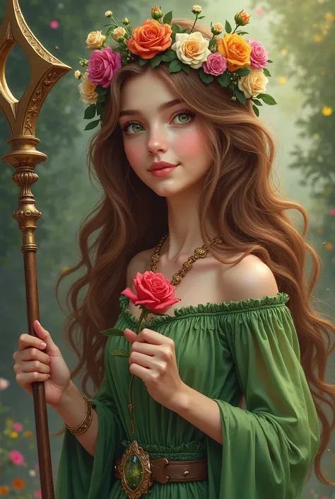 A beautiful sixteen-year-old age girl with long brown hair and green eyes. She is wearing a colorful wreath of flowers on her head. It should look realistic. she is wearing a green dress and in her left hand a magical rose. She holds a scepter in her right...