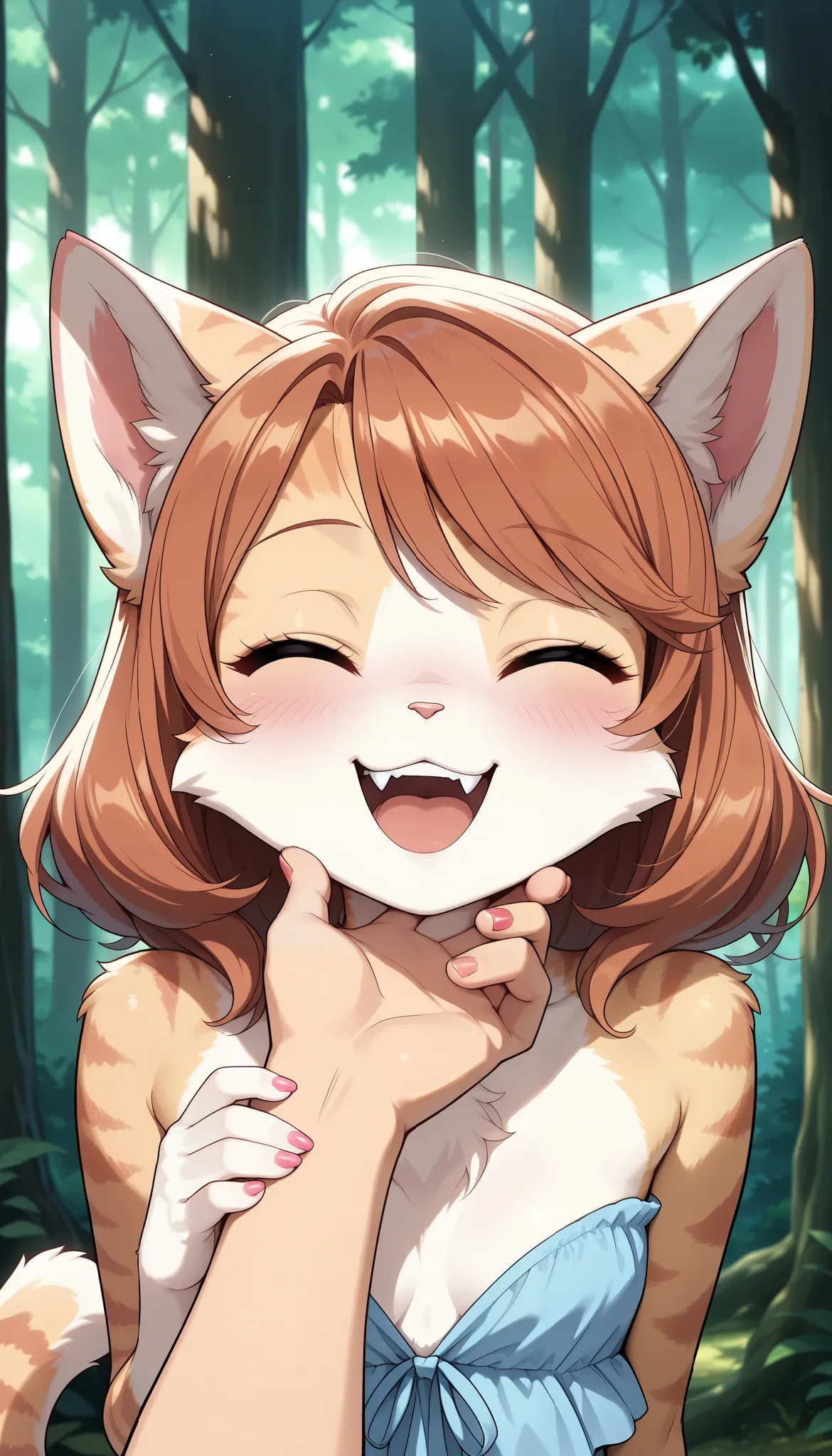 1 Beautiful Girl , cute fur , Furry, Cat face, Cat girl, medium hair,  place your hand on your opponent's chin, (Alluring, smile, Very satisfied,  open your mouth, tooth, Cat&#39;s paw, nail), anime style, ( small tits),  petite body, very cute, (bust shot...