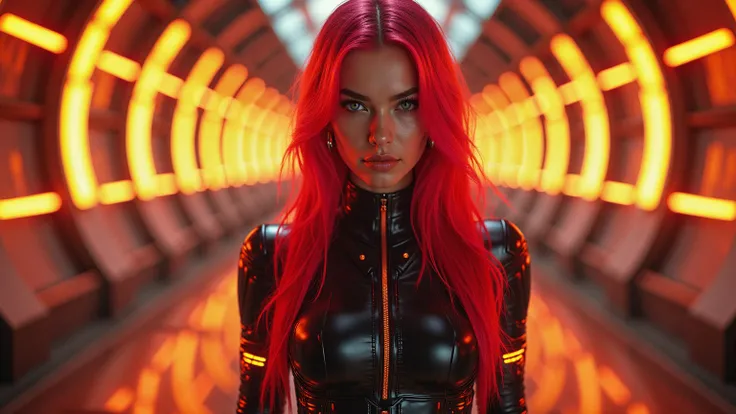 Ultra-realistic cyberpunk-style portrait of a beautiful young woman with long, vibrant neon-red hair, standing in a futuristic tunnel with glowing yellow and red lights. She wears a sleek, black latex crop top with high-tech elements and glowing orange acc...