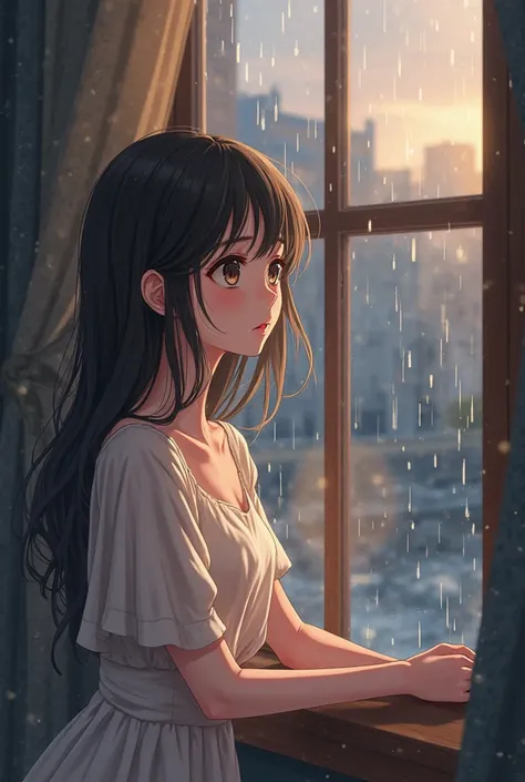 Beautiful girl looking out the window while rain falls anime