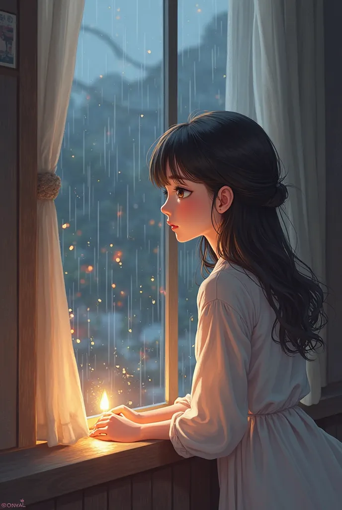 Beautiful girl looking out the window while rain falls anime