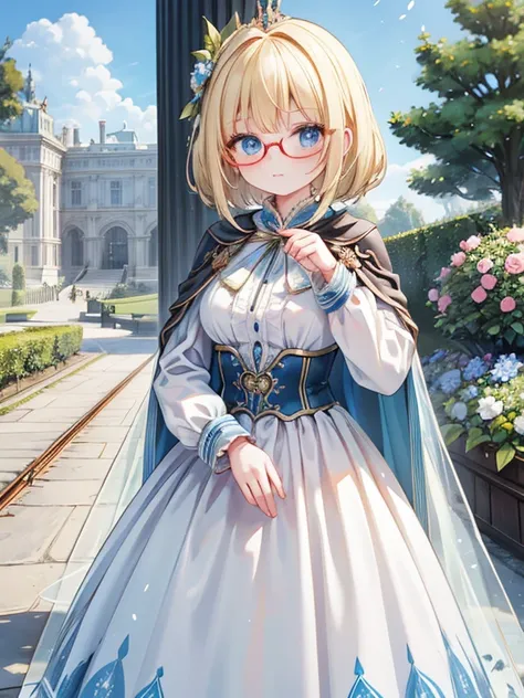 masterpiece, TOP QUALITY, very detailed, 16k, Ultra High Definition, cowboy shot, detailed faces,  perfect finger,  1 female, ,  blue eyes, blonde, knitting glasses, royal palace, garden, hey, a dress with a long train and a cape,  and fold your hands in f...