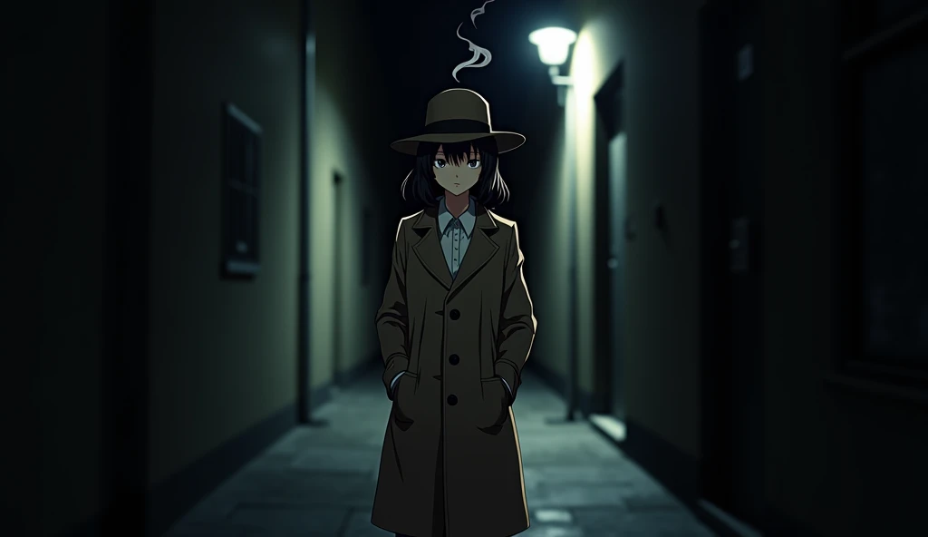 A striking anime noir woman in a dimly lit alley, wearing a trench coat and fedora. A single streetlight casts shadows across her face. The static image holds, but wisps of cigarette smoke curl and shift in the air.
