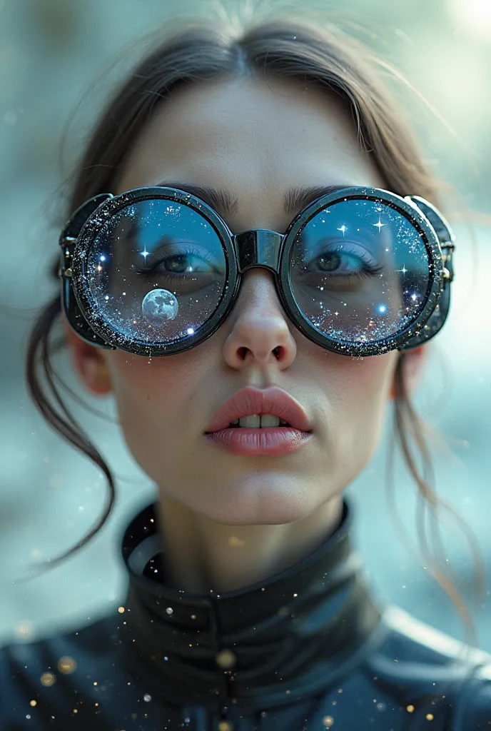 The model is wearing glass sunglasses with stars and the moon on the glass