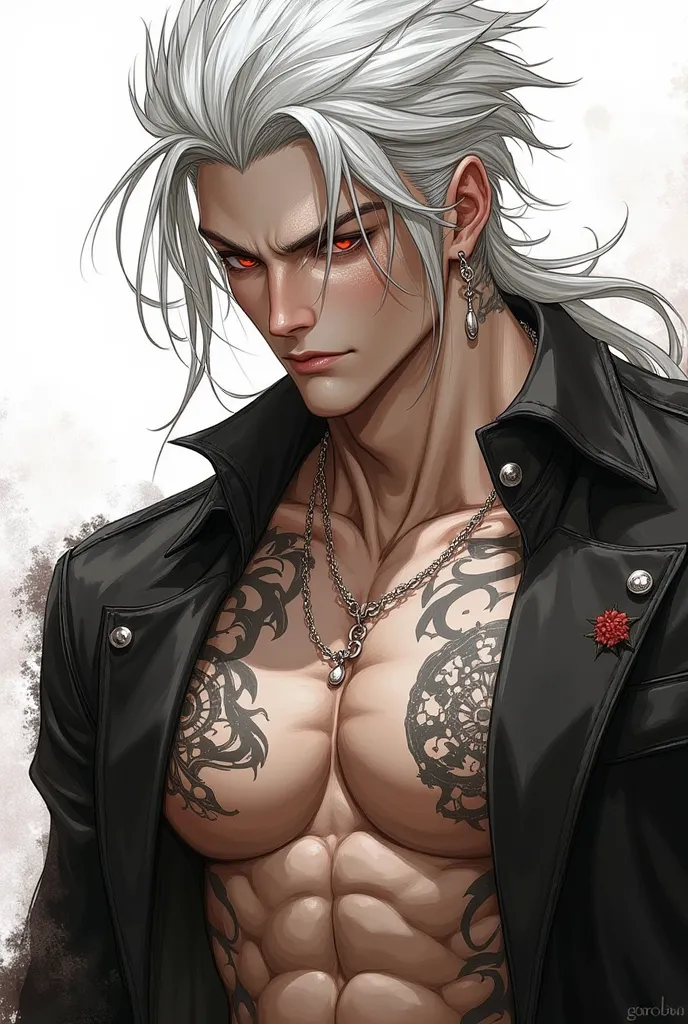 Anime screencap of a handsome man, tall man, white grey hair, long hair, dark red eyes, tanned skin, muscular body, shirtless, handsome, tattood, emotionless face, drawing, sketch