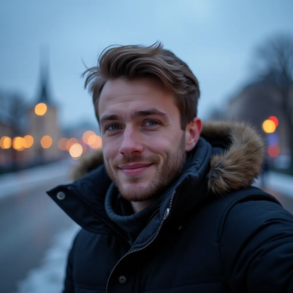 Realistic photo of a 25-year-old man from Russia. height 175 centimeters. cute face, you can see the smile. The photo is a selfie. The face and part of the chest in a winter jacket are shown. The natural cold light of cloudy weather in the evening creates ...